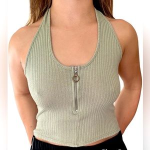 The Classic Boutique Sage Green Ribbed Halter Tank